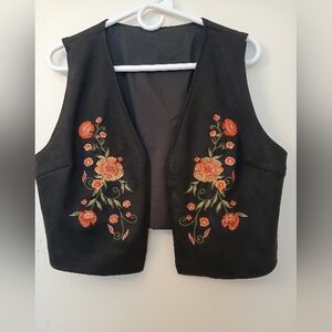 Black Embroidered Floral Vest for Women